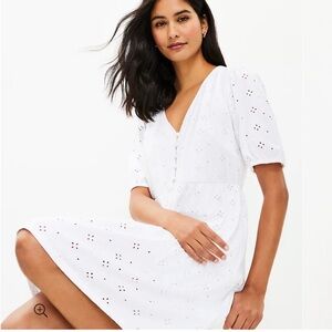 LOFT white puff sleeve eyelet Button-Front Embroidered Lined Size medium